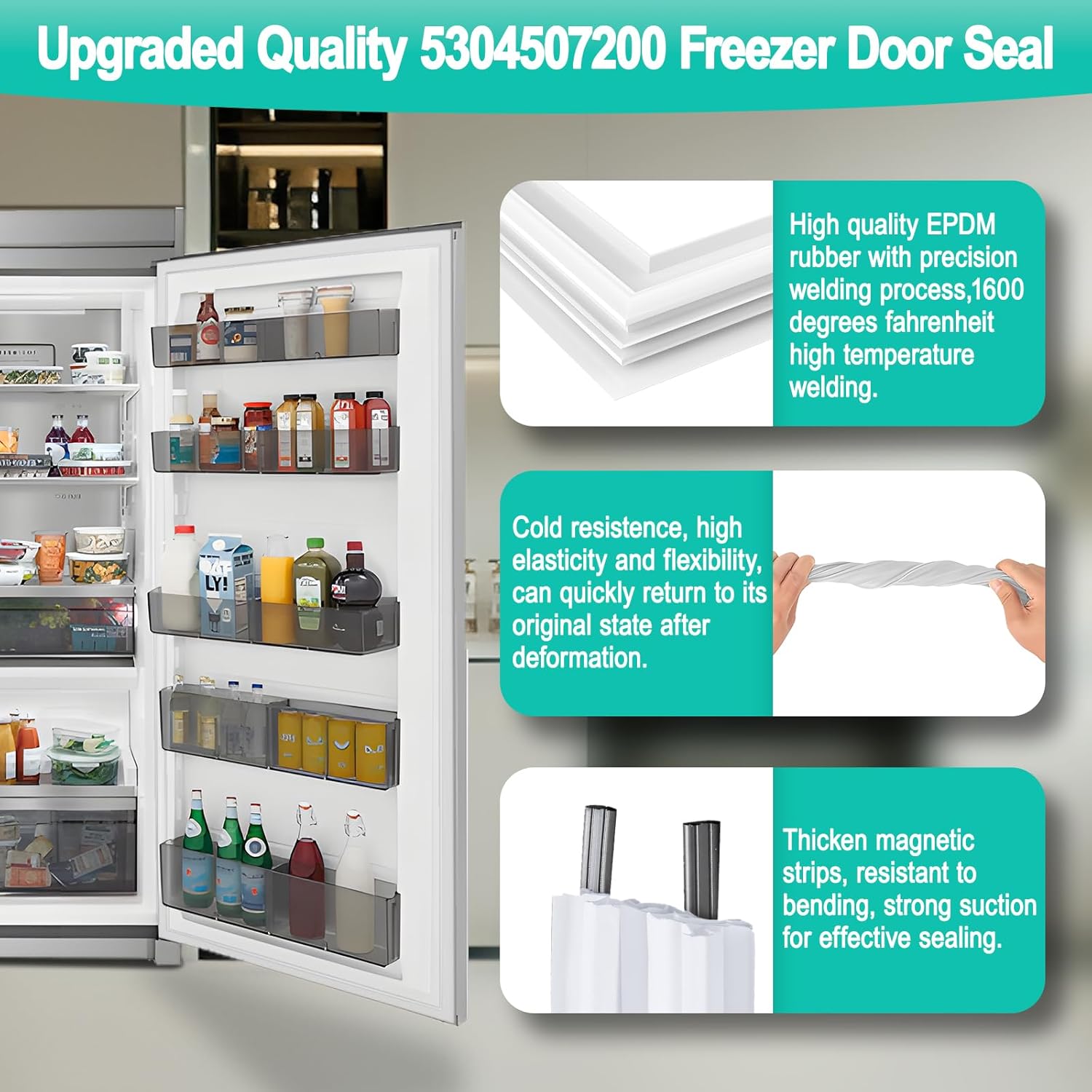 Upgraded 5304507200 Refrigerator Door Gasket Compatible with Frigidaire Ken-more Freezer Door Gasket Seal, 30.7 X 60.2 Elec-trolux Freezer Gasket Seal Replacement 216522309, 216522310, 5304507214